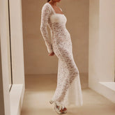 Lace Clothes See Through Floral Square Collar Long Sleeve Maxi Dress